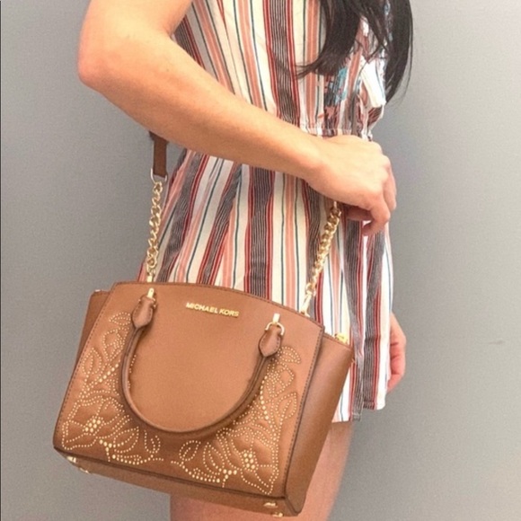 Michael kors Brown Tan Embellished Stud Ellis convertible satchel Crossbody Bag - Picture 6 of 10